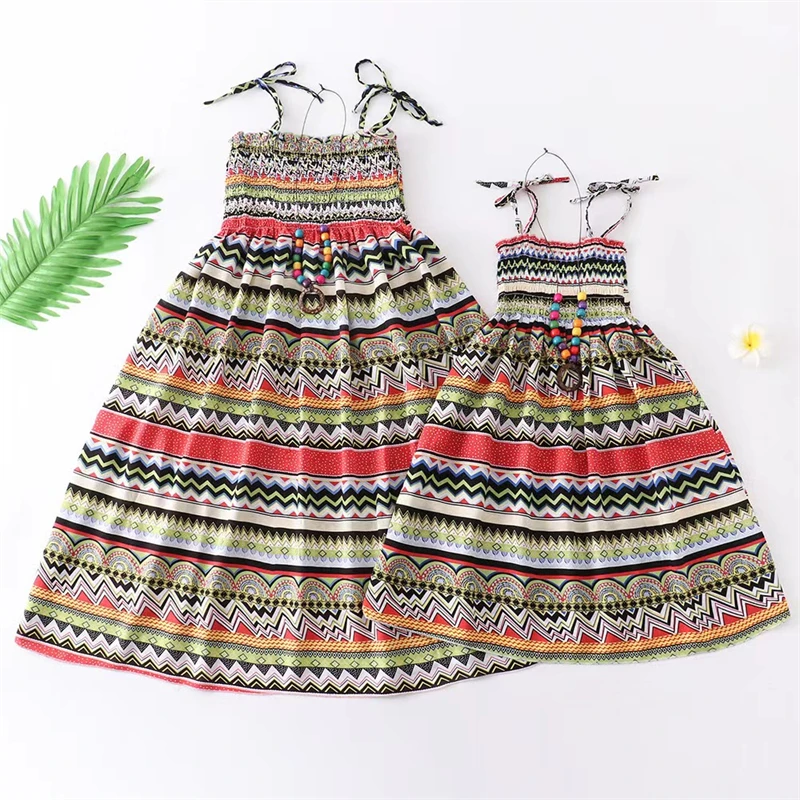 

Bohemia Mommy and Me Clothes Family Set Striped Mother Daughter Matching Dresses Tank Woman Girls Mom Baby Tube Dress Outfits