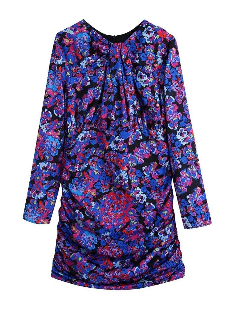 

Женское мини-платье с цветочным принтом, длинным рукавом и молнией сзади