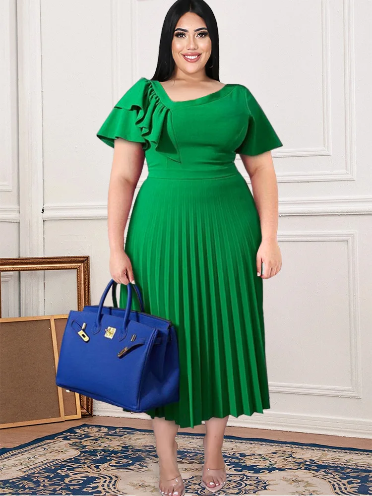 

Summer dress women dress ruffled skirt slanted shoulder pleated skirt all-match ruched dress new dresses for women