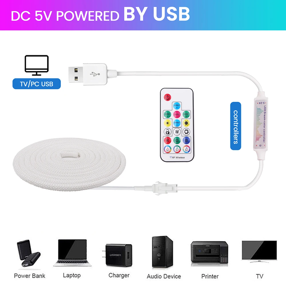 Светодиодная лента 360 Glow Round RGB WS2812B Neon LED с Wi-Fi и Bluetooth управлением, 5В USB, вилки UKUSEUAU, комплект 1м 2м 3м 4м 5м (art.: 3920da80933e7) - 3920da80933e7