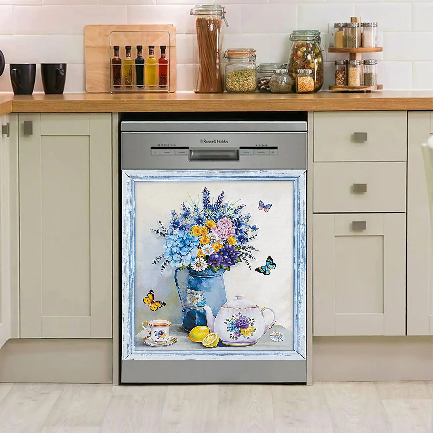

Dishwasher Magnet Cover, Home Kitchen Decoration, Rustic Idyllic Style, Butterflies and Lemon, Sense of Art, Flower Sticker Deco
