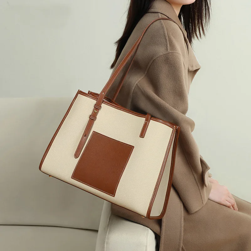 

Leather Contrast Tote Casual Handbag Fall/Winter Explosions High Capacity Cowhide Single Shoulder Bag for College Students