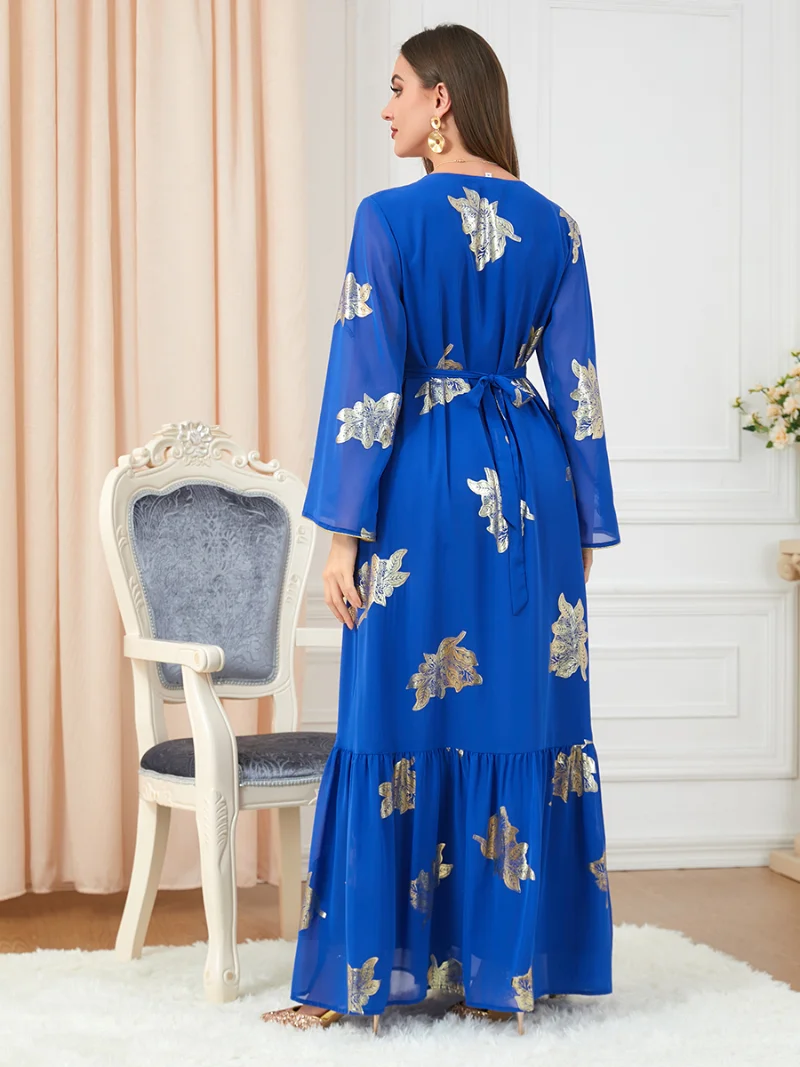 Muslim Abaya Dress Dubai Button Tape Trim Belted Kaftan Split Hem Long Dress Print Fall 2022 Turkey Arabic Oman Moroccan Caftan