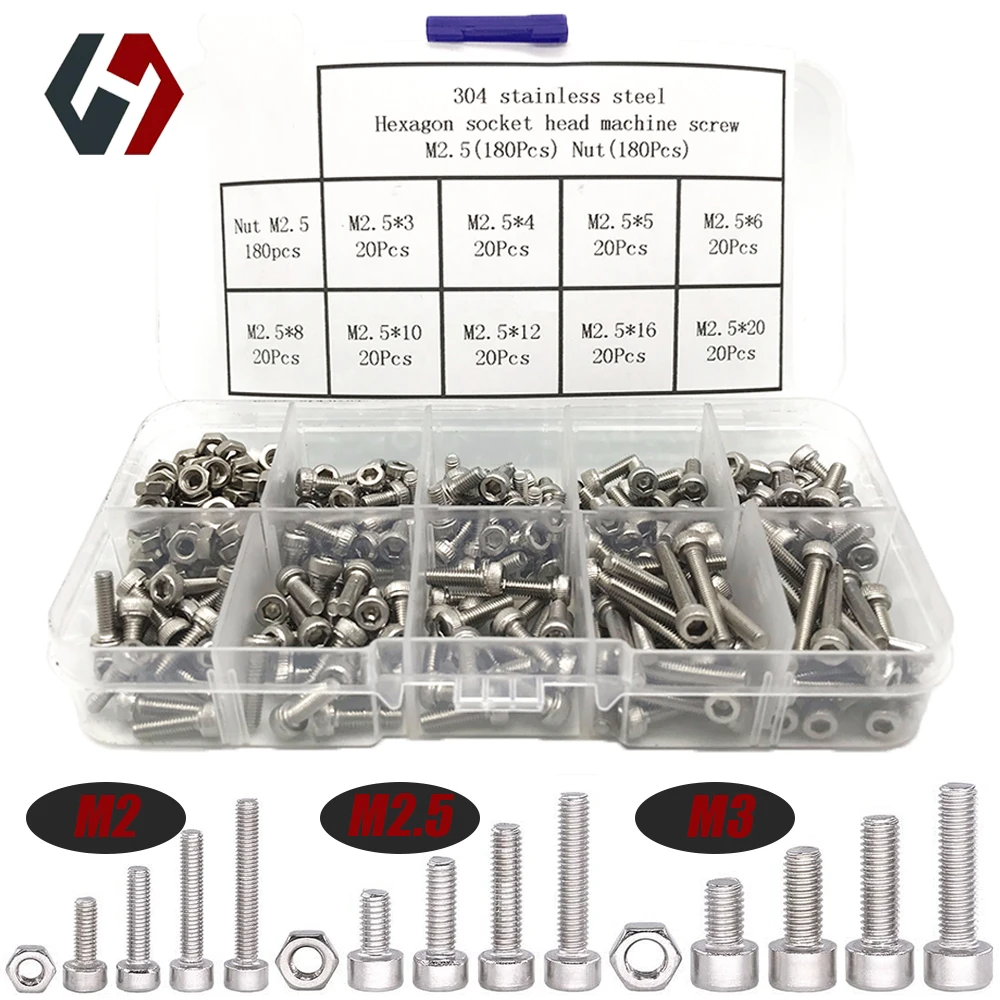 

720Pcs 304 Stainless Steel DIN912 Hexagon Socket Head Machine Screws M2M2.5M3 Computer Accessories Hardware Screws M3 Screw Set
