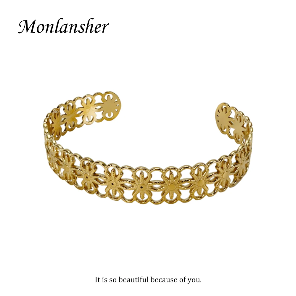 

Monlansher Classy Geometric Hollow Sun Flower Cuff Bangle Gold Color Titanium Steel Open Bangle Vintage Fashion Bangles Jewelry