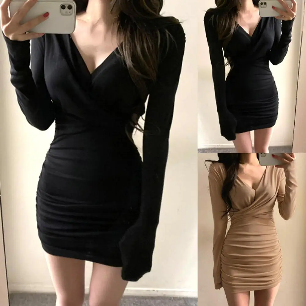 

Women's Dress Sexy Deep V Neck Pleated Tight Waist Sheath Dress Solid Color Simple Slim Bodycon Pencil Dress платье женское