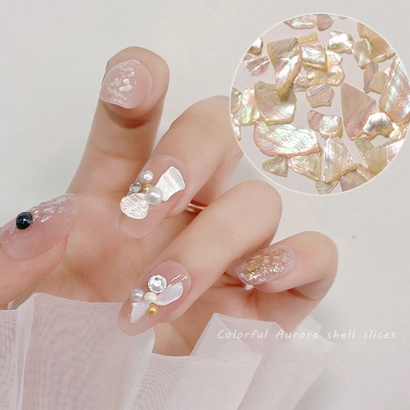 

Красочные хлопья морской ракушки, градиентные Мигающие наклейки, полированные яркие натуральные декоративные ногти Авроры
