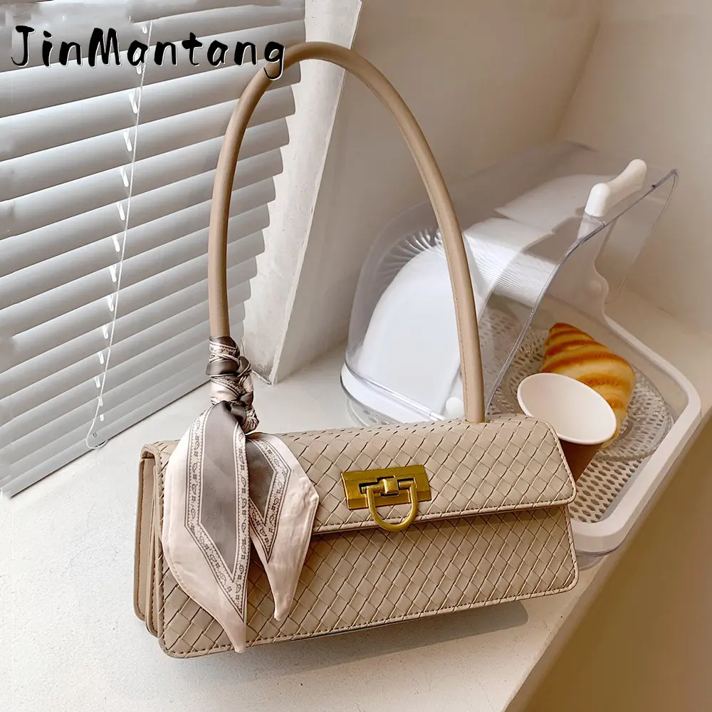 

French Style Scarf Woven Pattern Underarm Shoulder Bags For Women Autumn 2023 Trend Flip Lock Fashion Designer Ladies Handbags