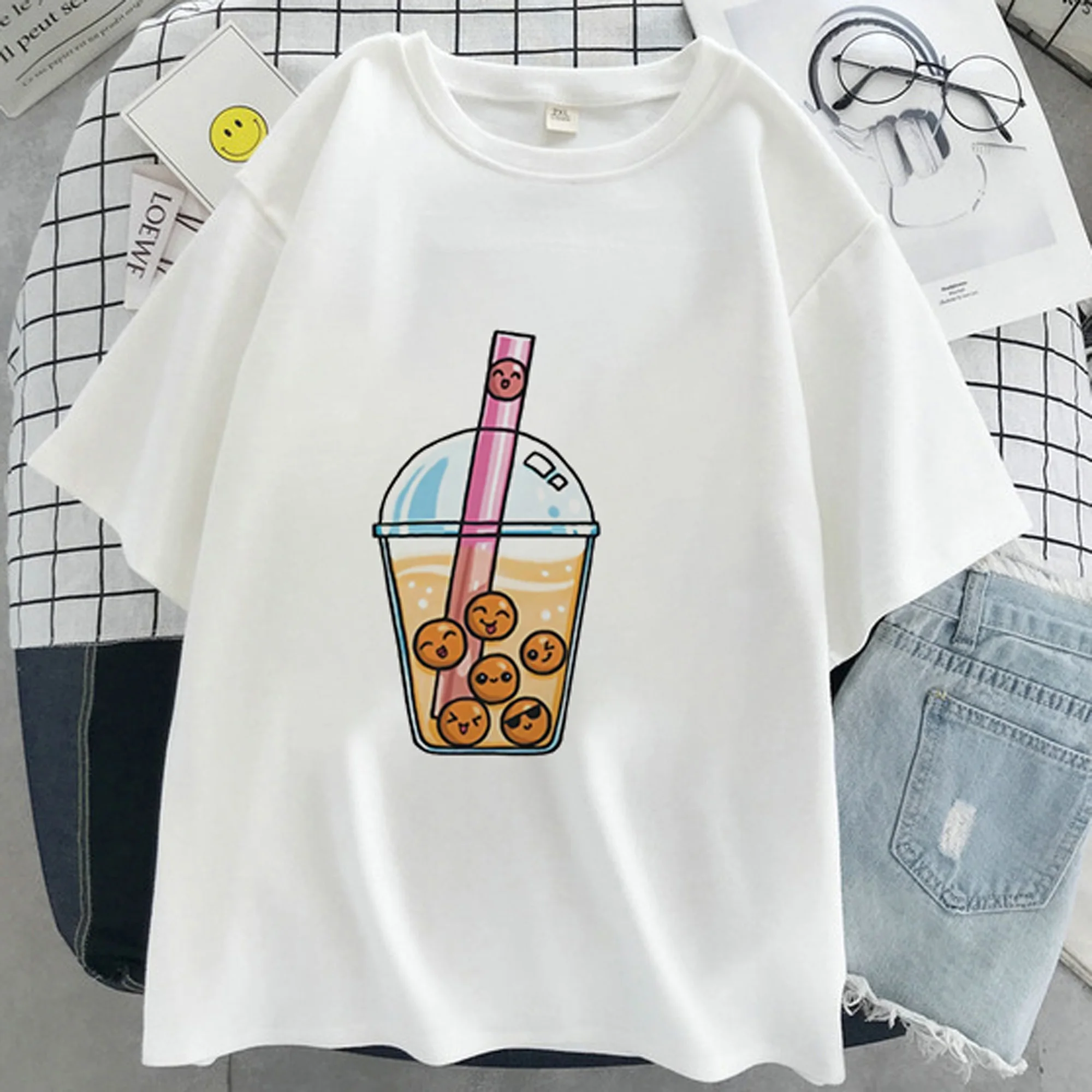 

Pearl Milk Tea Women T-shirt Cute Cartoon Design Printed White Short-sleeved T Shirt Fashion Casual O-neck Comfortable And Soft