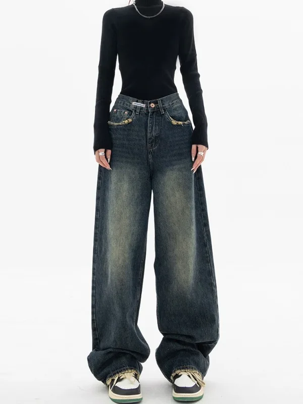 

2023 High Waist Women's Jeans Harajuku Vintage BF Style Streetwear All-match Loose Fashion Femme Wide Leg Denim Trousers