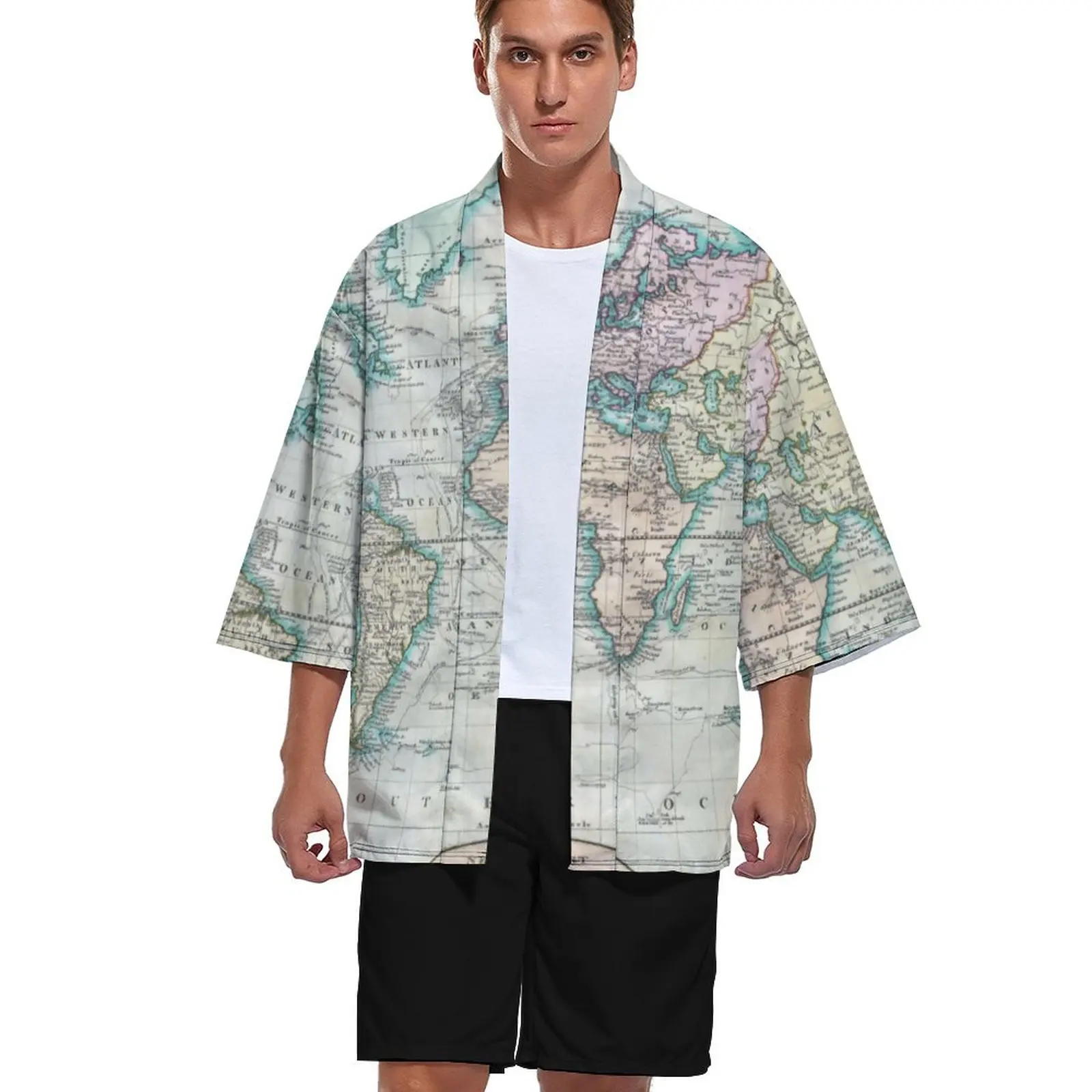 

Винтажный кардиган-кимоно с картой мира 1801, мужская рубашка оверсайз с принтом