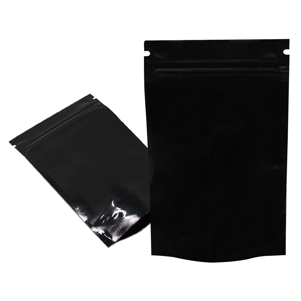 

100Pcs/Lot Black Glossy Aluminum Stand Up Foil Bag Food Candy Snacks Dried Fruit Nuts Tear Notch Reusable Reclosable Zip Lock