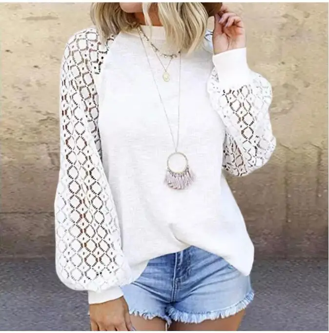

white Elegant Pullovers Women Autumn Winter Vintage Hollow Out O Neck Solid Lace Long Sleeve Tops Casual T-Shirt Female S-XXL