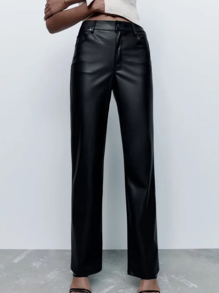 

Женские прямые брюки из ПУ кожи Kumsvag, повседневные модные однотонные брюки с карманами на пуговицах, элегантные уличные винтажные брюки на о...