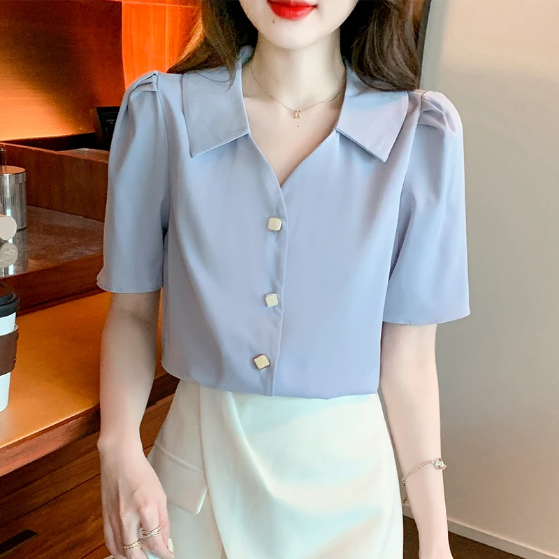 

Summer Women Short Sleeve French Versatile V-neck Solid Chiffon Shirt Womens Tops Blouse Women Blouses for Women Fashion C307