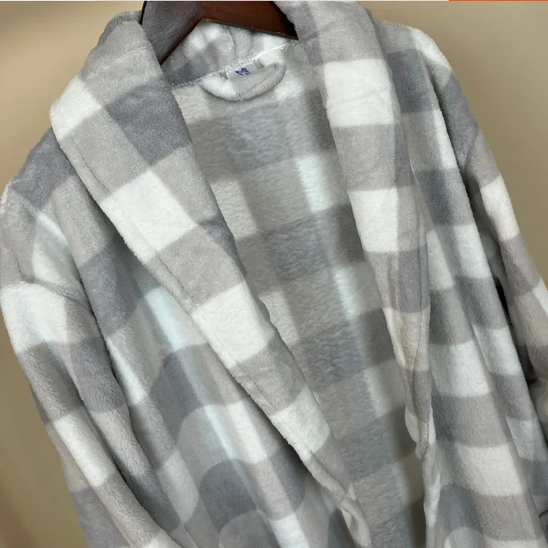 Winter Robes for men flannel warm nightgown plaid dressing gown woman