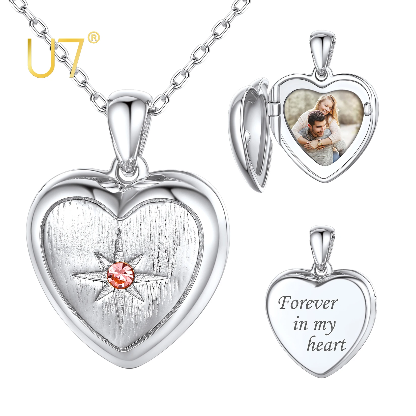 

U7 Women Custom Photo Necklace 925 Sterling Silver Tiny Heart Locket That Holds Picture with Any Memory Photo and Birthstone