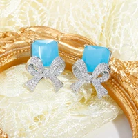 threegraces exquisite blue cubic zirconia square shape big bowknot stud earrings for ladies korean fashion party jewelry er893