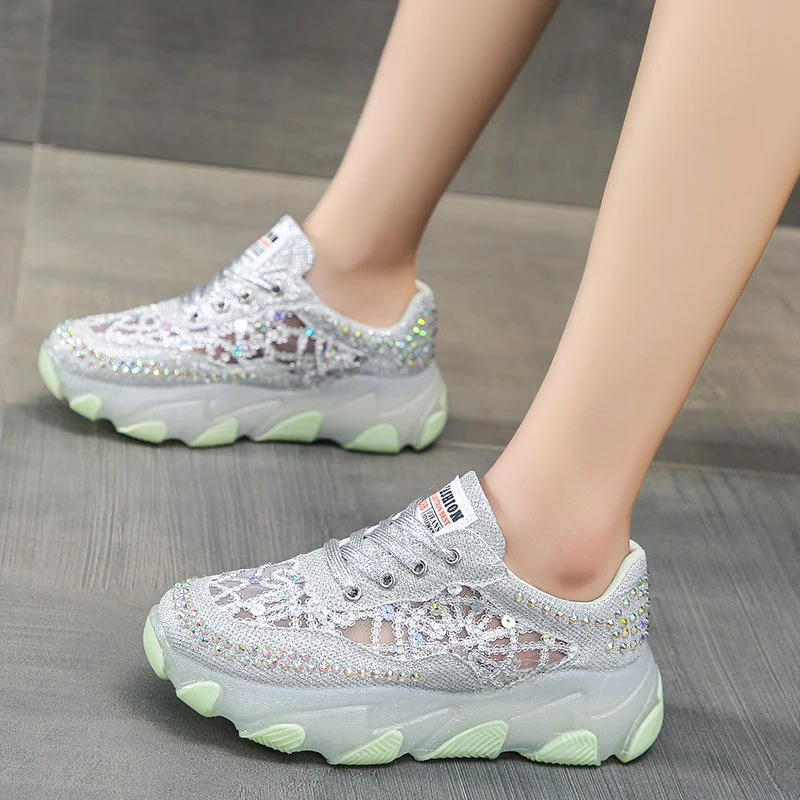 Hollow Out Shiny Crystal Sneakers Women 2022 Spring Breathable Mesh Casual Shoes Woman Thick Bottom Platform Sport Shoes