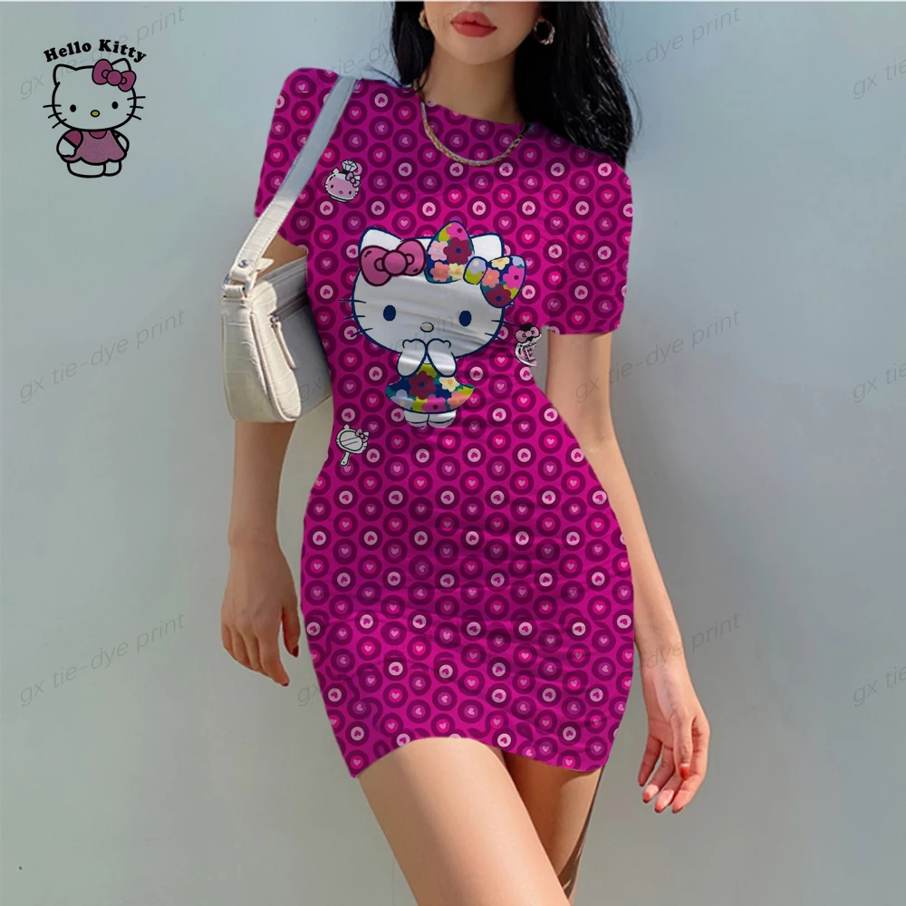 

T Shirt Dress Women Short Dress Hip Hop Hello Kitty Print Long T Shirt Loose V Neck Sexy Mini Dress Robe Camiseta Vestidos