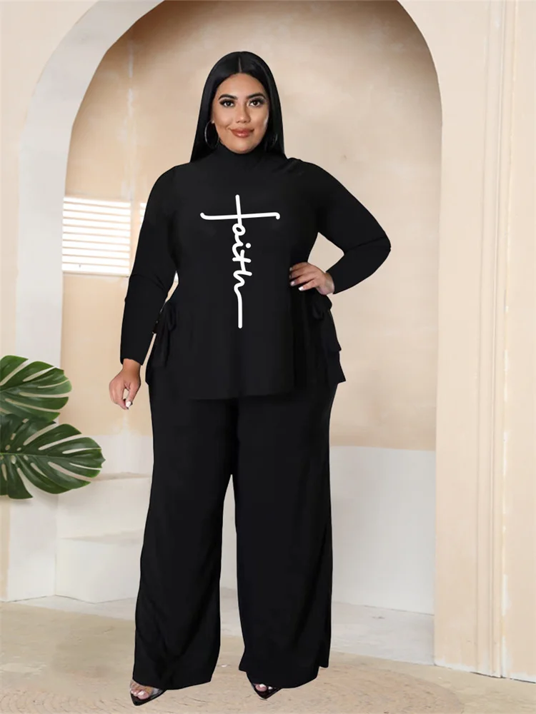 Plus Size Women Clothing Two Piece Set Faith Printed Fall Casual Loose Slip Top and Pants Wide Leg Who 3xl 4xl 5xl 6xl