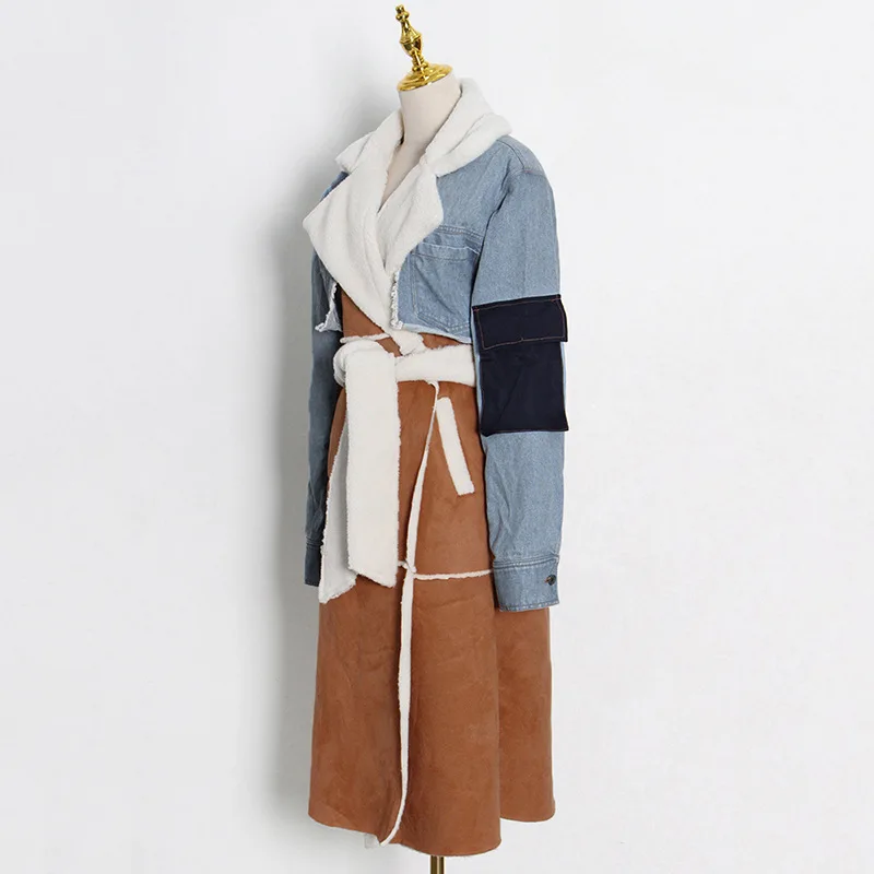Women Winter Fleece Lamb Wool Patchwork Windbreaker Long Jacket Multi Pocket Belt Lapel Thicked Coat Women's Fashion Streetwear