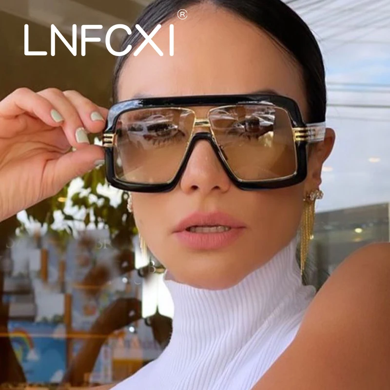 

LNFCXI Oversized Square Double Bridge One Piece Flat Sunglasses for Women Luxury Brand Sun Glasses Men Vintage Gradient Shades