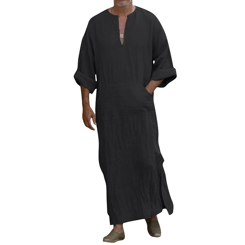 

Men Mid-East Dashiki Long Robe Solid Color Half Sleeve Pockets Slit Kaftan Thobe Dubai Casual Dress Shirts Tops Streetwear
