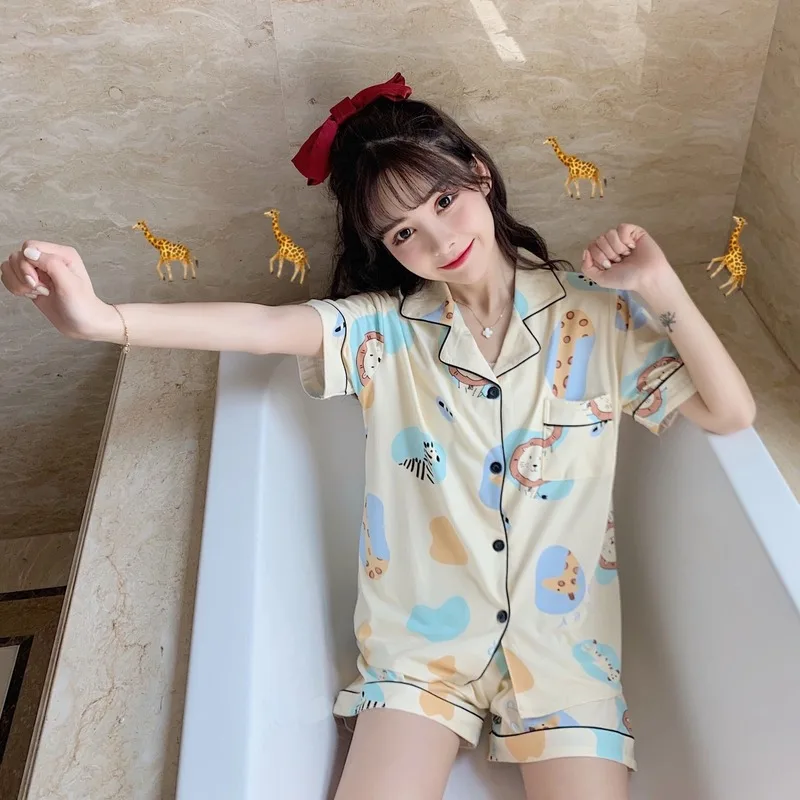 Cute Print Women Pajamas Sets Summer Short Sleeve Cartoon Sleepwear Pink Pijama Mujer Female Nightsuit Cat Moon