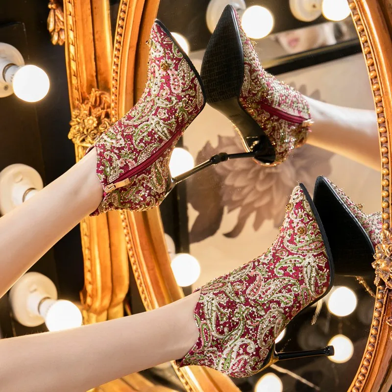 Autumn Winter Short Boots Stiletto High Heels Sequins Rhinestone Pearl Celebrity Style Party Shoes Side Zipper High Heels Women