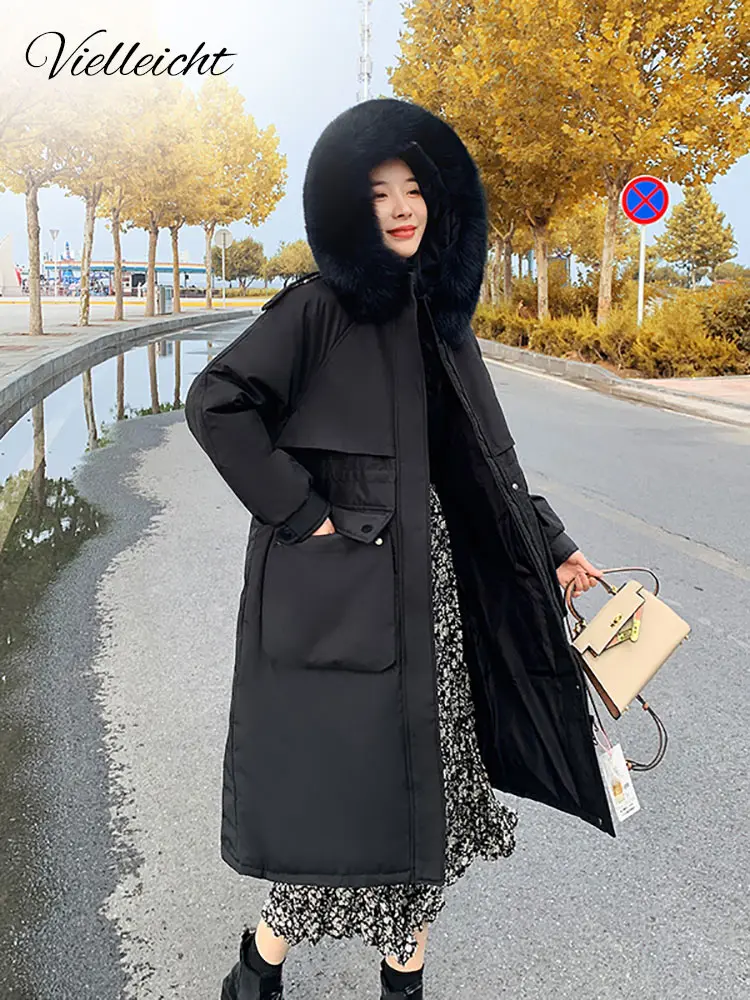 Vielleicht Women's Winter Jacket 2022 Fashion Ladies Coat with Fur Hood Long Oversized Jacket Loose Warm Outerwear Puffer Parkas