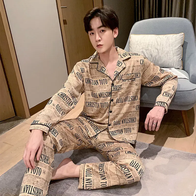 

Пижама Мужская атласная шелковая, ночная рубашка, пижама, большие размеры 5XL, мягкая шелковая одежда для сна, весна-осень