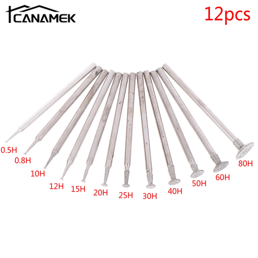 

12Pcs/set 2.3 Shank Diamond Grinding Burr Needle Point Engraving Carving Polishing Tool Glass Jade Stone Drill Bit Rotary Tools