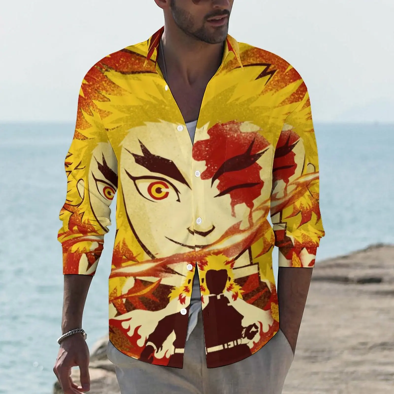 

Demon Slayer Anime Casual Shirts Mens Attack of The Flame Shirt Long Sleeve Fashion Streetwear Blouses Pattern Clothes Plus Size