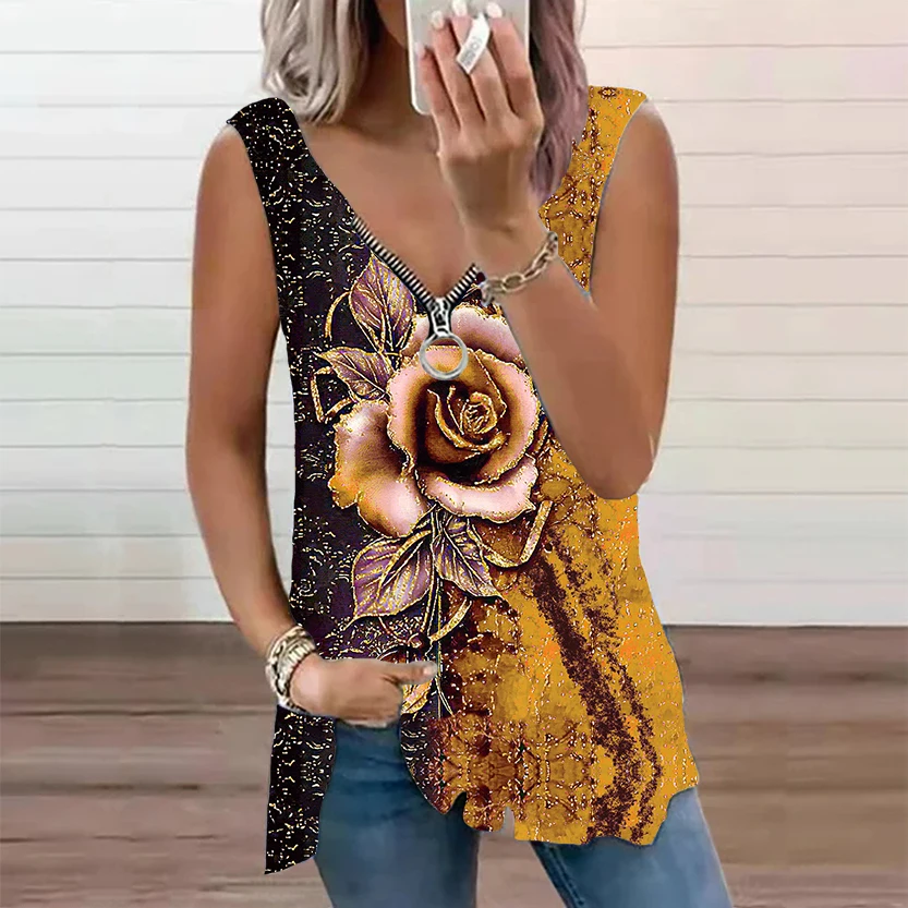 Блузка женская с цветочным принтом V-образным вырезом без рукавов - купить по