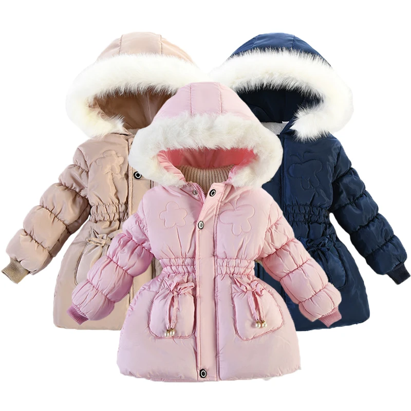 

1 2 3 4 Years Girls Winter Warm Jacket 2023 New Heavy Thick Plus Velvet Hooded Coat For Kids Children's Outdoor Travel Clothing