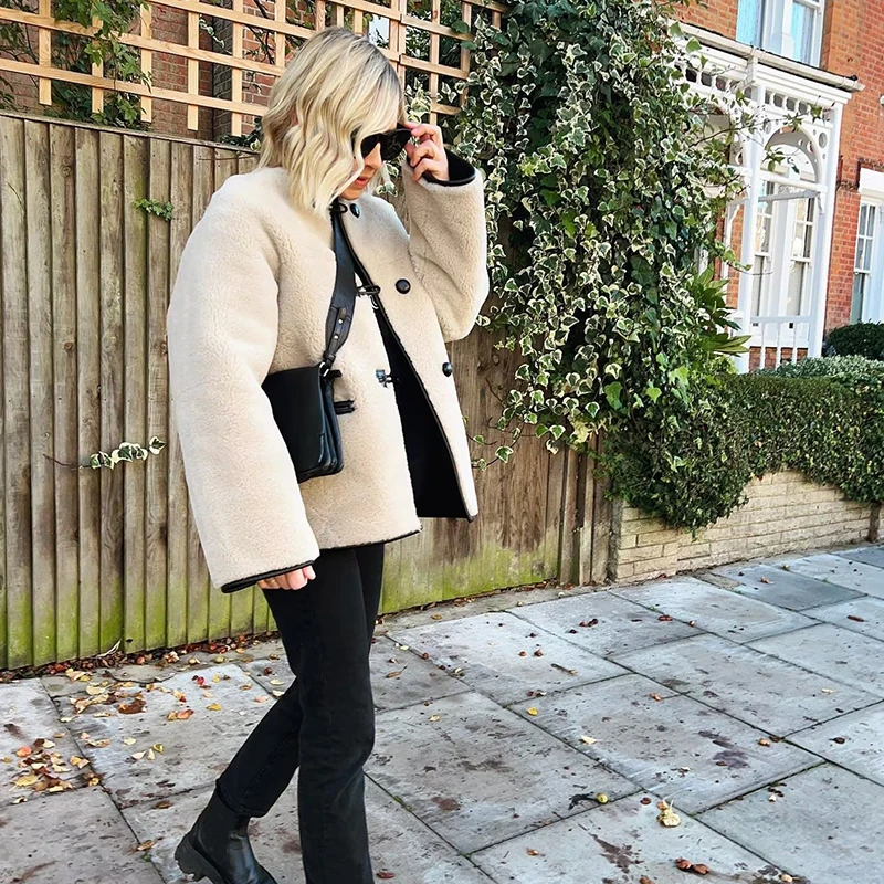 Ardm Vintage Faux Fur O-Neck Jacket Long Sleeve Tops Casual Winter Coat Women Retro New In Outwears Chic Tops