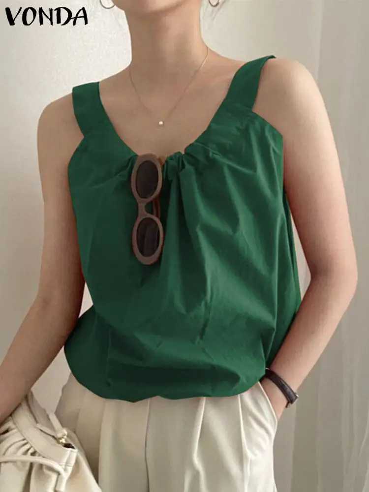 

VONDA Elegant Women Summer Sleeveless Vest Tops Female Pleated Sleeveless Party Blusas Casual Polyester Street Blouse Oversized