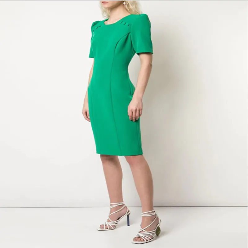 Hot Sale Women Green Dress Fashion O-Neck Short Sleeve OL Work Dresses