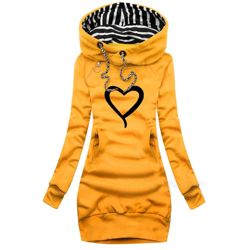

Hot sale striped hat long hoodie dress spring and autumn fashion love print yellow plus size zipper pocket thickening women wear