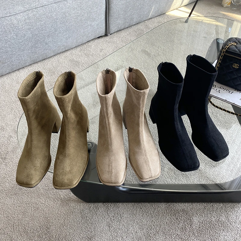

Fashion Women Ankle Boots Square Toe Sock Boots Stretch Shoes Thick Mid Heels Black Green Beige Gladiator Party Pumps Shoes 39