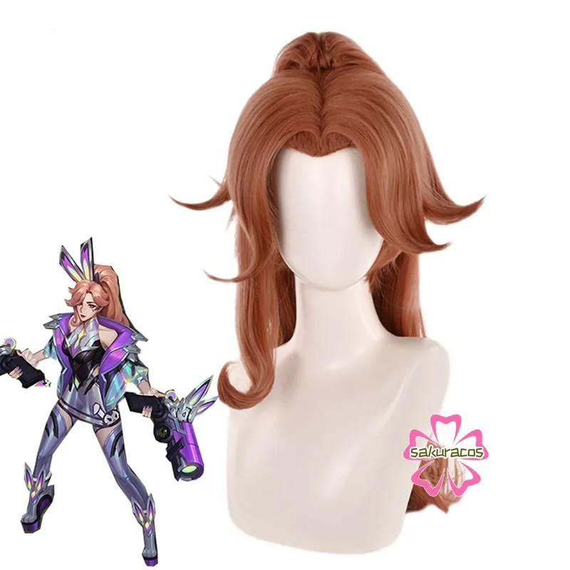 

LOL Battle Bunny Miss Fortune Cosplay Wigs 80cm Long Brown with Ponytails Heat Resistant Hair halloween role play + Wig Cap