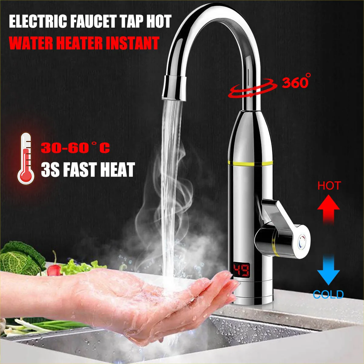 

220V 3000W Electric Faucet Water Heater Tap LED Temperature Display Instant Hot Water heaters Kitchen Tankless Water Heating