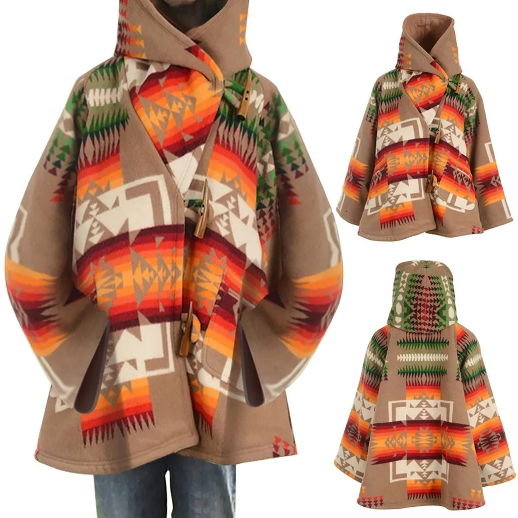 

Повседневная Длинная Куртка с рукавом, пальто на пуговицах с капюшоном, Женское пальто с принтом и карманами в стиле ретро, женская рубашка ...