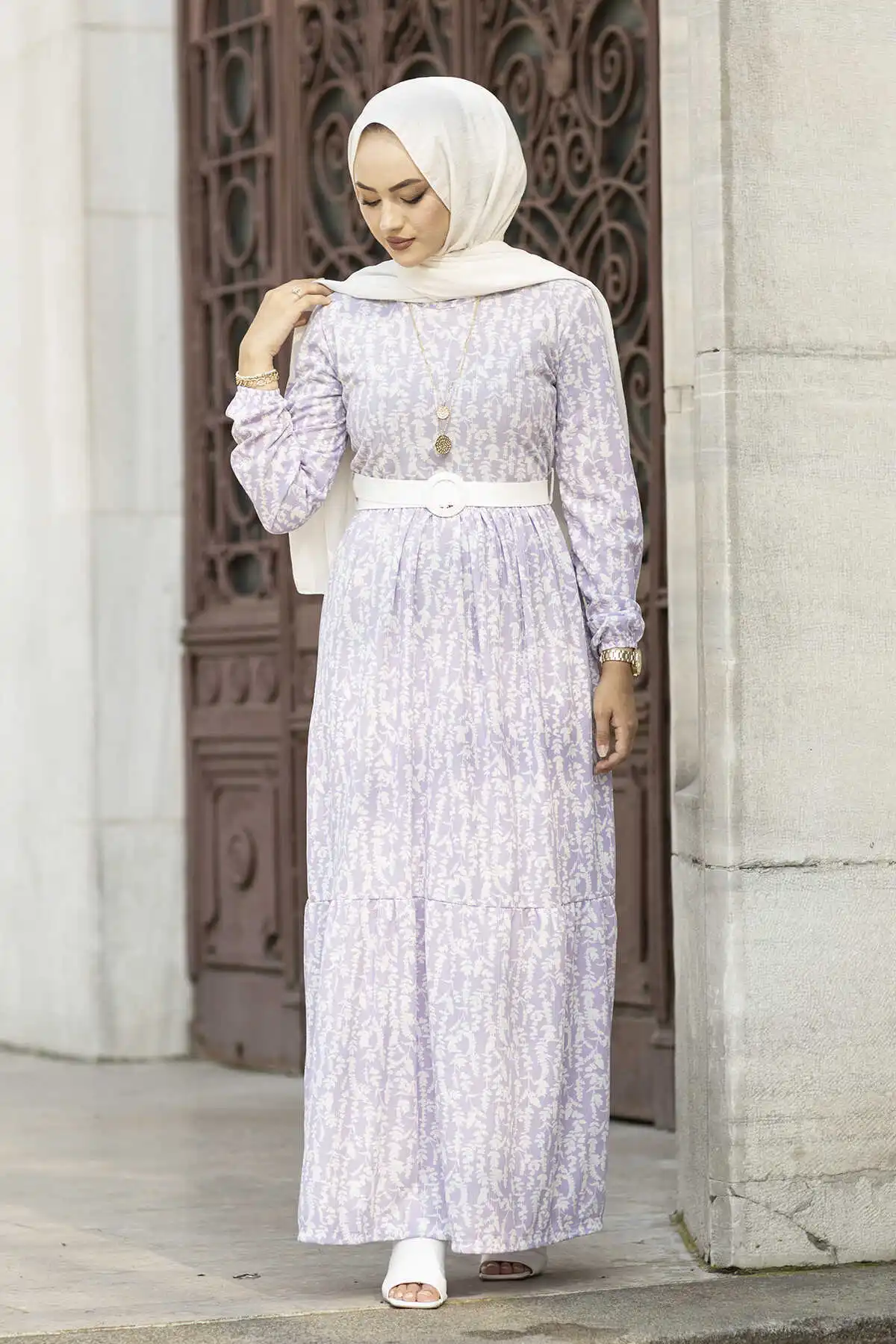 Платье с изогнутым цветочным узором NY-Lilac зима осень 2021 Стандартный головной платок Исламская Турция