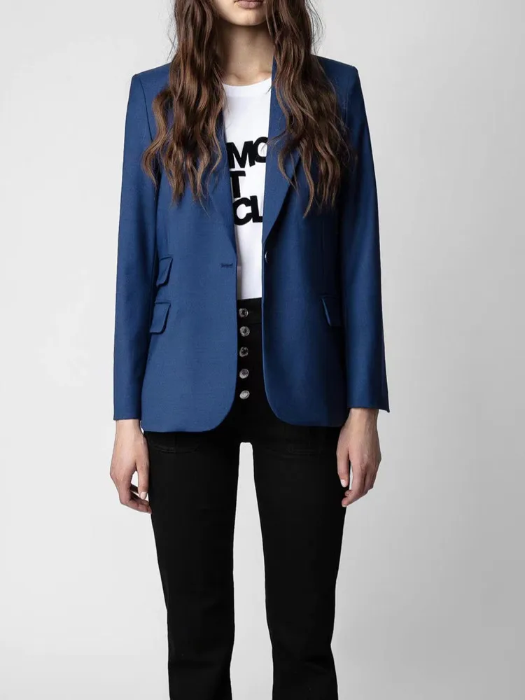 

Women Blazer Notched Rhinestones Buttons Long Sleeve Straight Single Button Office Lady Suit
