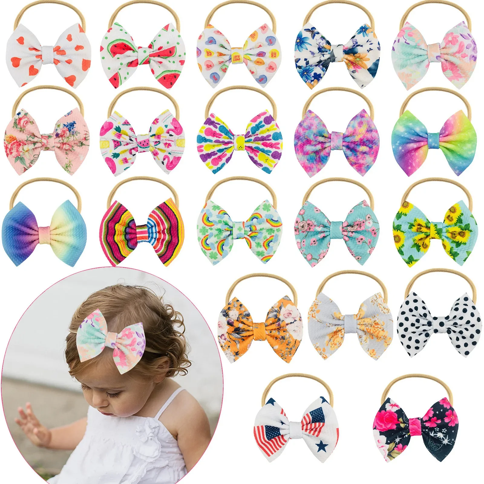 

20PCS Bow Headband Toddler Kids Baby Girls Headwear Tie-dye Floral Print Elastic Hair Band Children Hair Accessories