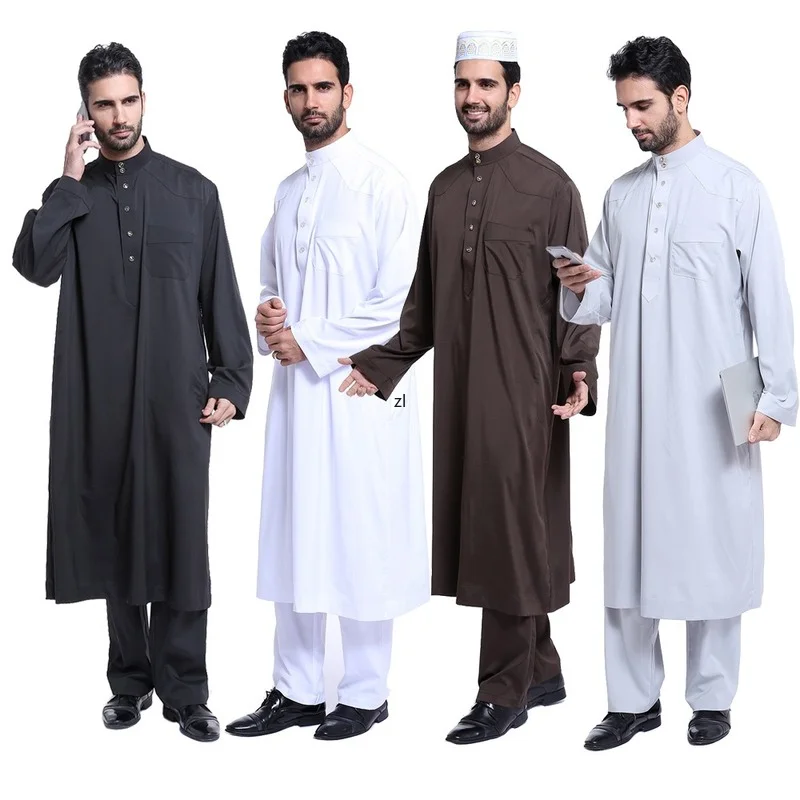 2 PCS Muslim Abaya Suit for Men Jubba Thobe Middle East Long Robes Kaftan Arab Dubai Adult Islamic Clothing