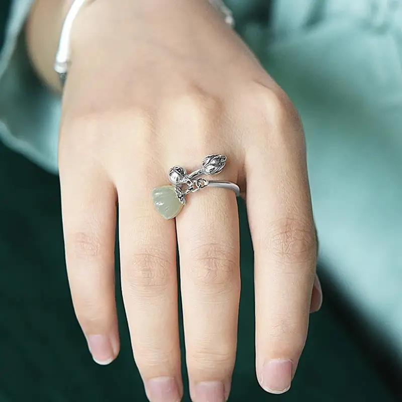 

S925 Sterling Silver Jade Bell Ring Female Artistic Simple and Fresh Natural Hotian Jade Pendant Silver Ring with Opening