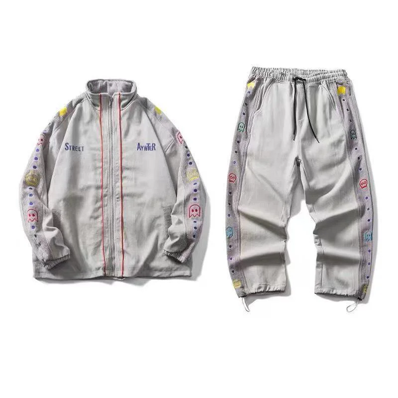 

Spring Corduroy Varsity Jackets Suit Men Harajuku Cartoon Embroidery Baseball Jacket + Casual Pants Unisex Bomber Coat 2023